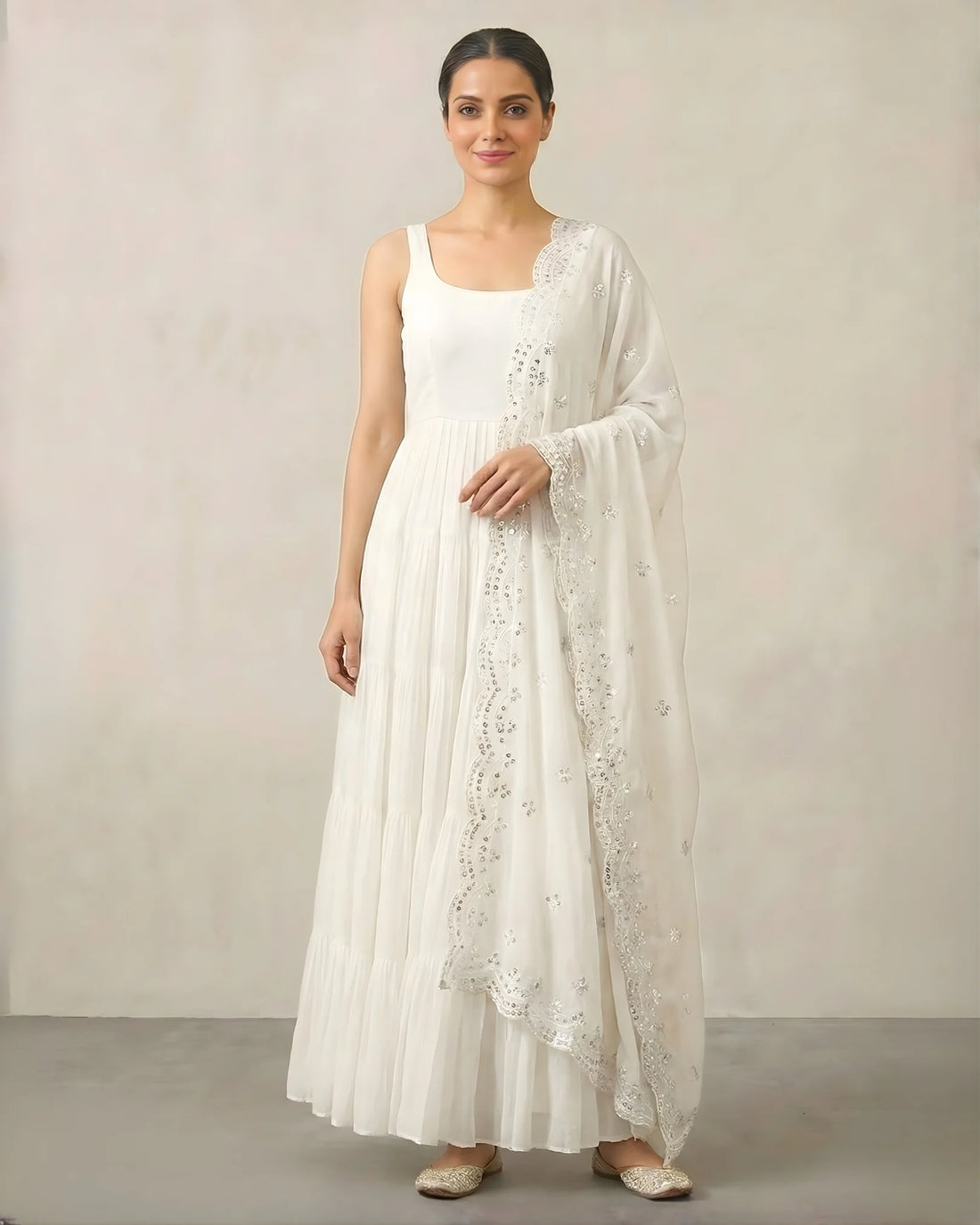 White Georgette Tiered Anarkali Pants Set - view 3