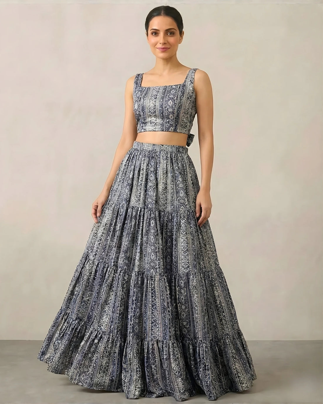 Blue Muslin Aztec Print Lehenga Crop Top Set - view 1