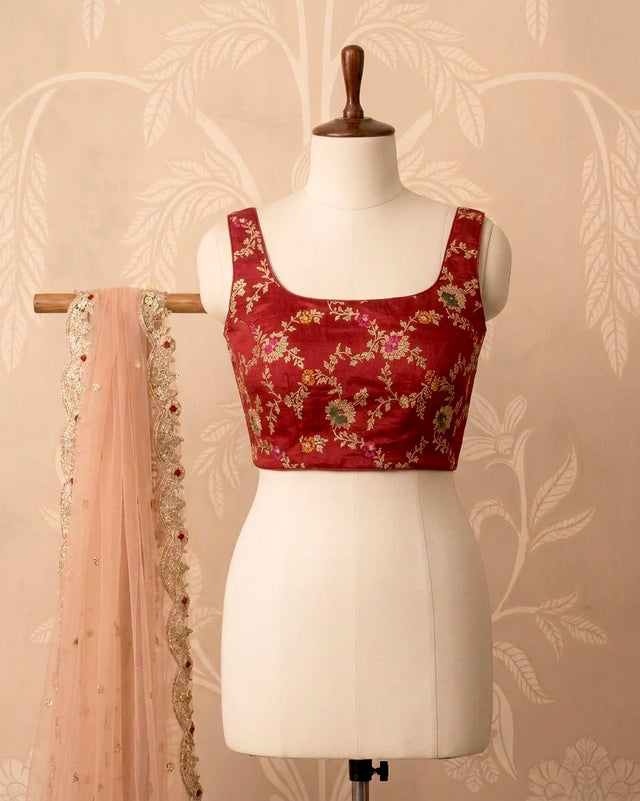 Red Cotton Foil Print Square Neck Blouse - view 1