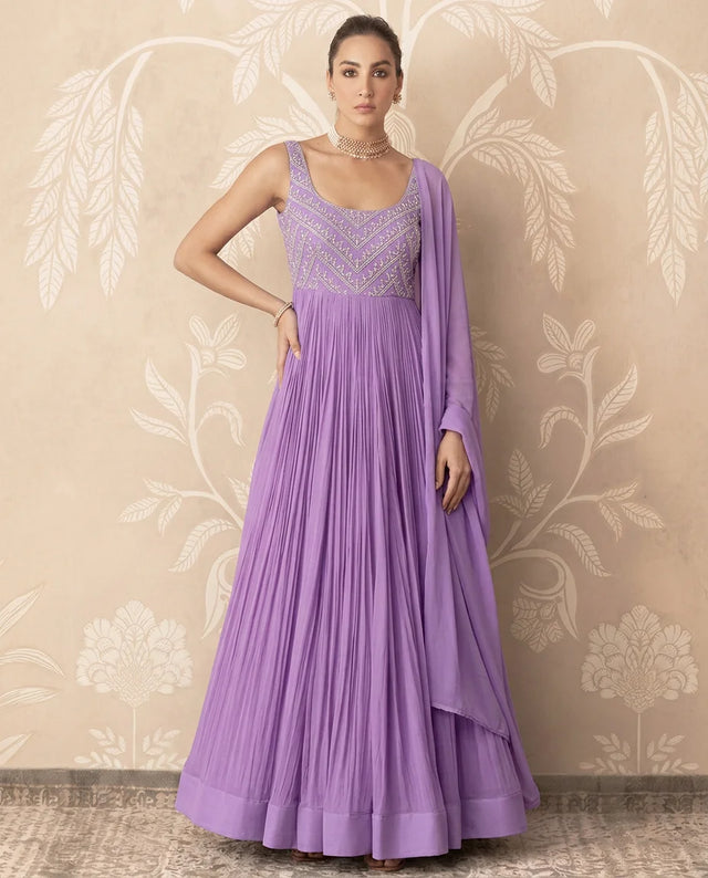 Lavender Georgette Pleated Anarkali Set - view 1