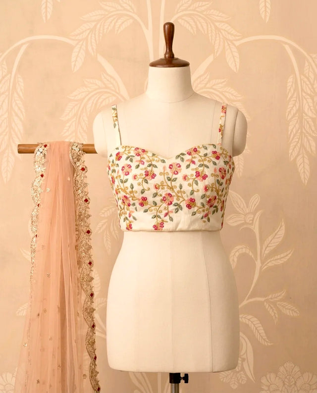 Cream Raw Silk Embroidered Strapped Blouse - view 1