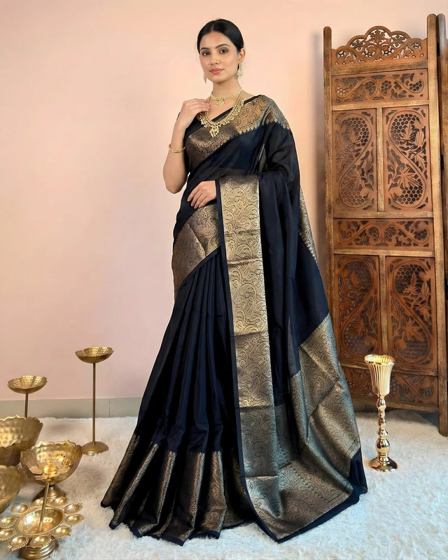 Black Silken Cotton Zari Banarasi Saree - view 1