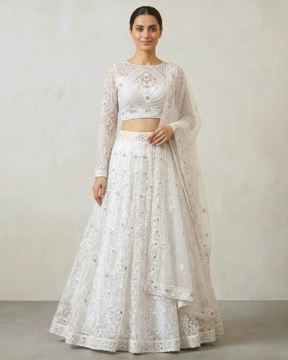 Pure White Tulle Net Pearl Lehenga Set - view 1