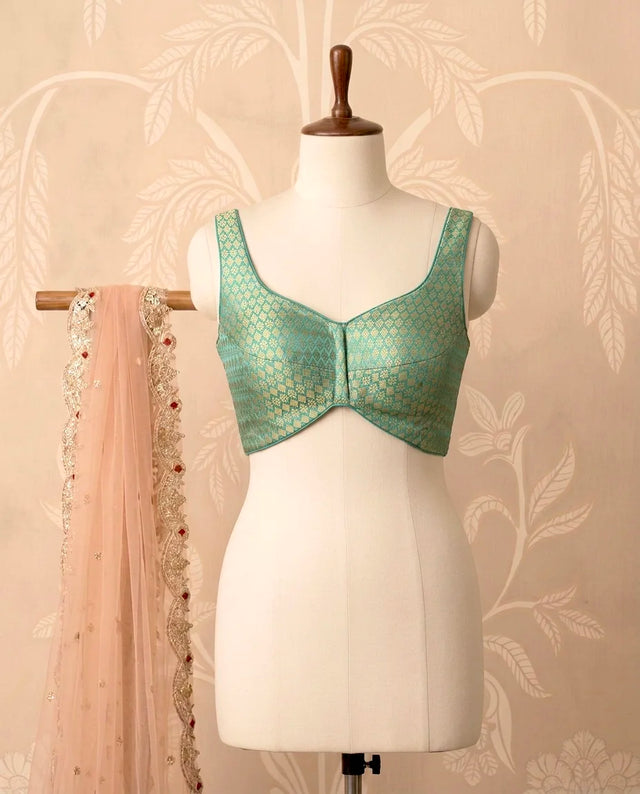 Mint Green Brocade Sweetheart Neck Blouse - view 1
