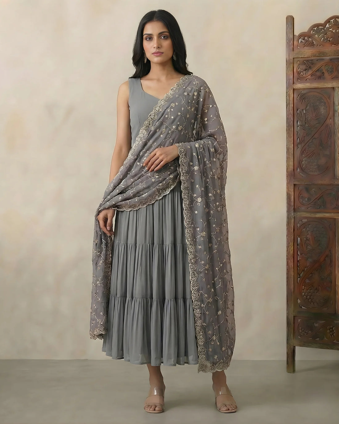 Grey Georgette Pleated Anarkali Dress Set - view 3