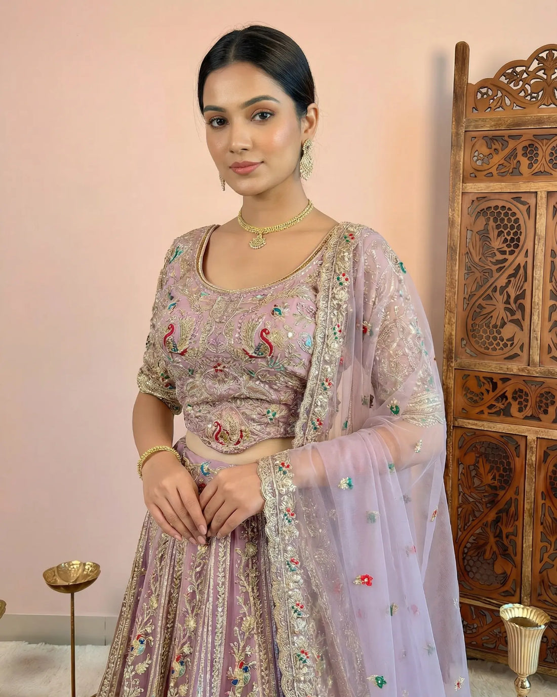 Baby Pink Lavender Net Embroidered Lehenga Set - view 2
