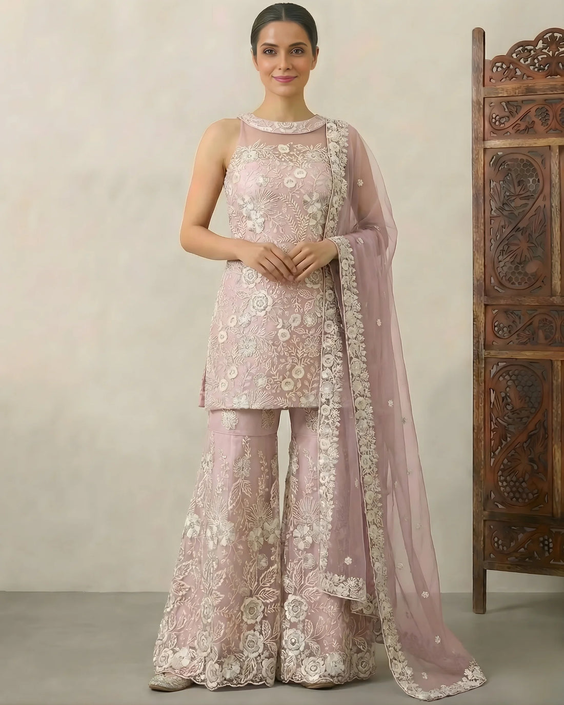 Baby Pink Sequin Halter Kurti Sharara Set - view 1