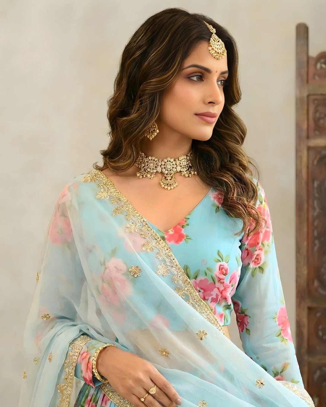Sky Blue Floral Print Pleated Lehenga Set - view 3