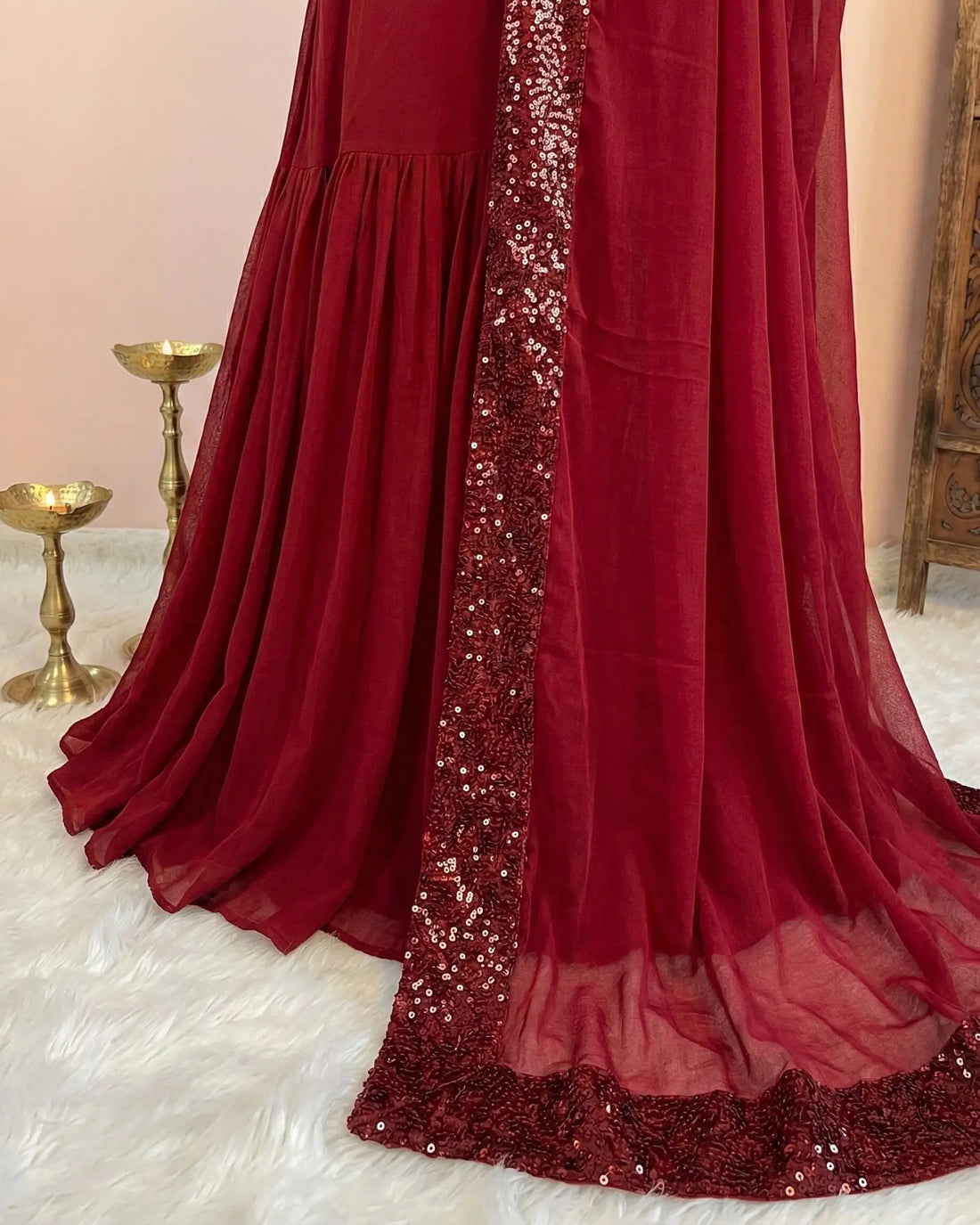 Maroon Georgette Sequin Layered Lehenga Set - view 3