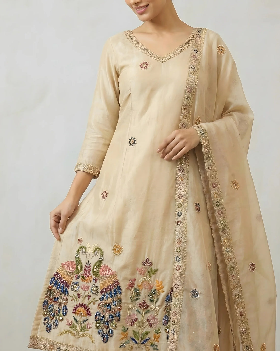 Cream Tissue Silk Handwork Sharara Suit Set - view 3