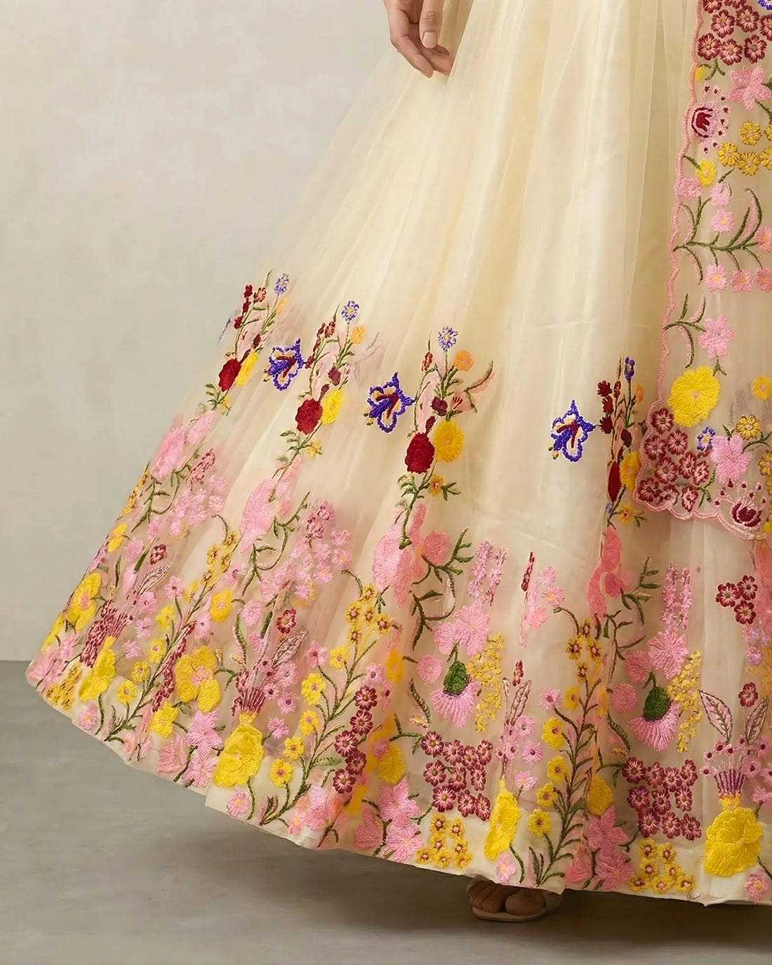 Cream Tulle Net Embroidered Lehenga Set - view 3