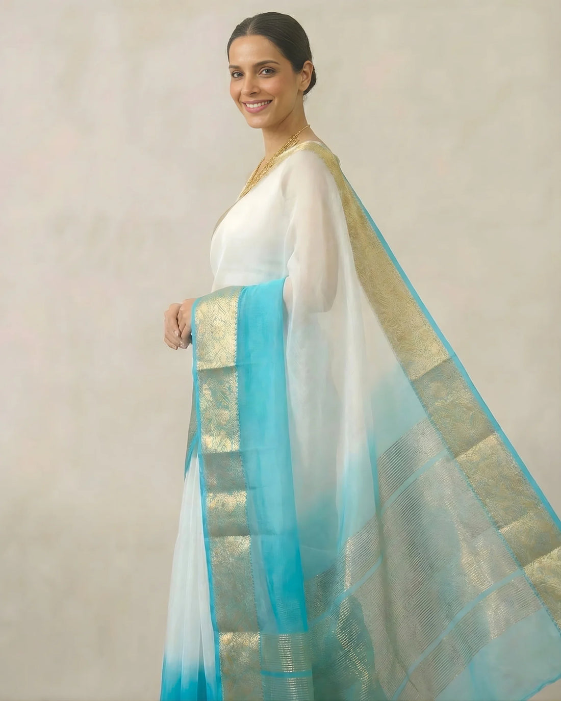 White Blue Ombre Organza Banarasi Saree - view 4