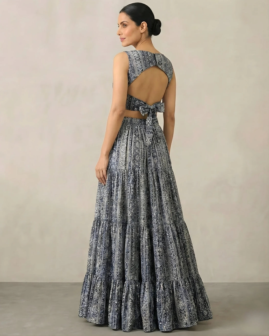 Blue Muslin Aztec Print Lehenga Crop Top Set - view 3