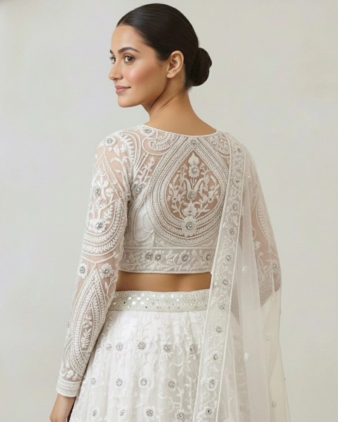 Pure White Tulle Net Pearl Lehenga Set - view 3