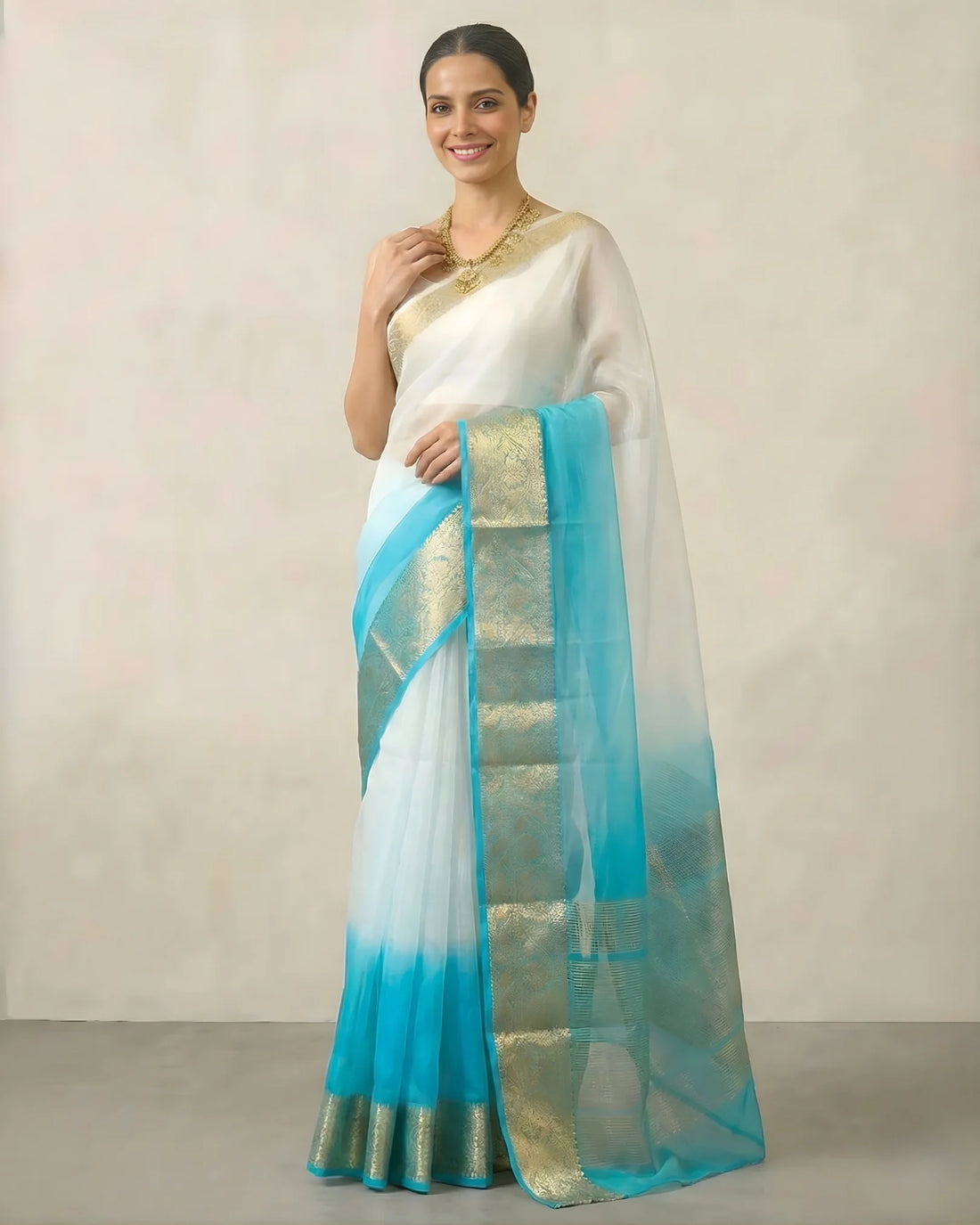 White Blue Ombre Organza Banarasi Saree - view 3