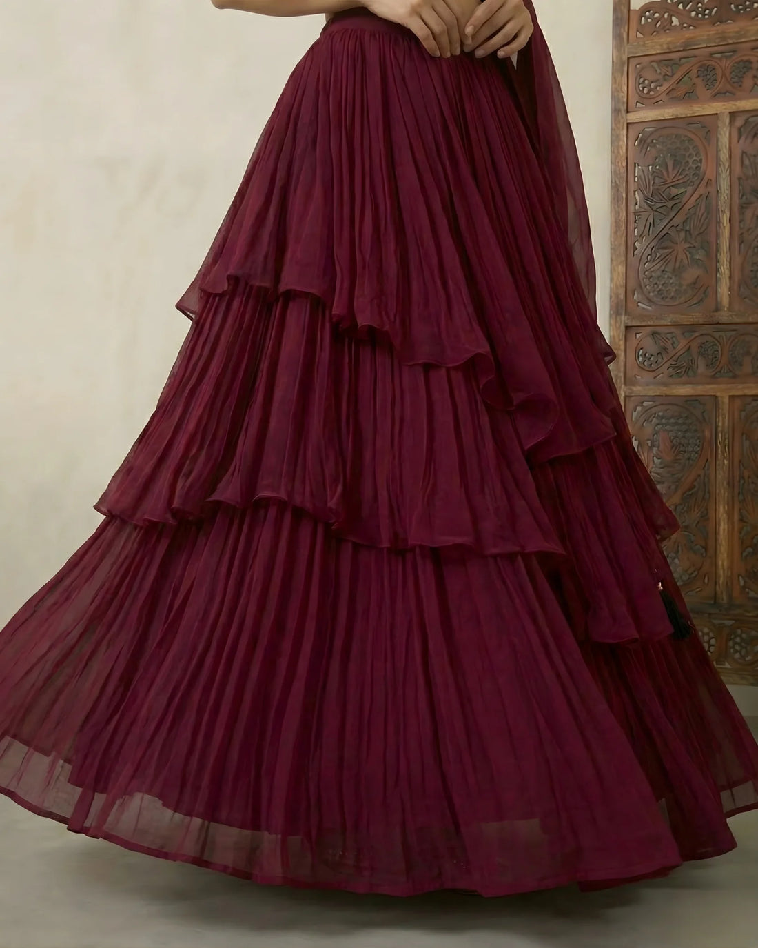 Purple Wine Georgette Layered Lehenga Set - view 3