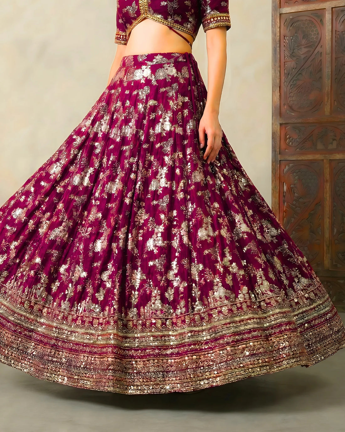 Wine Banarasi Brocade Pleated Lehenga Set - view 3