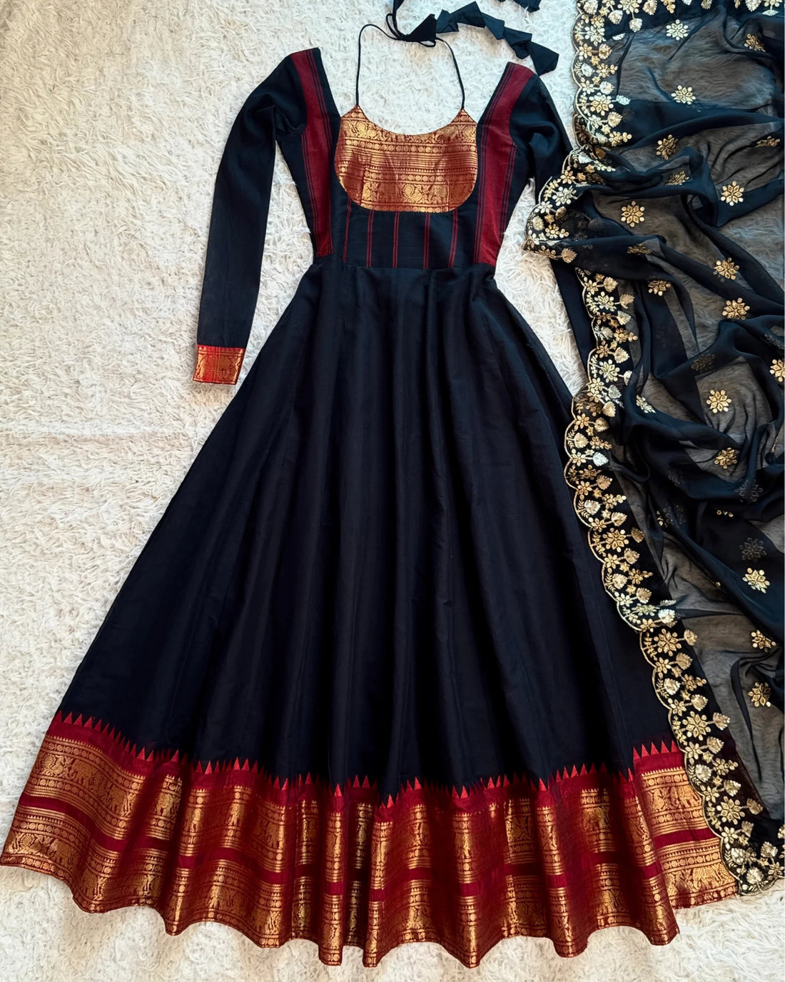 Black Red South Cotton Anarkali Top Set - view 4