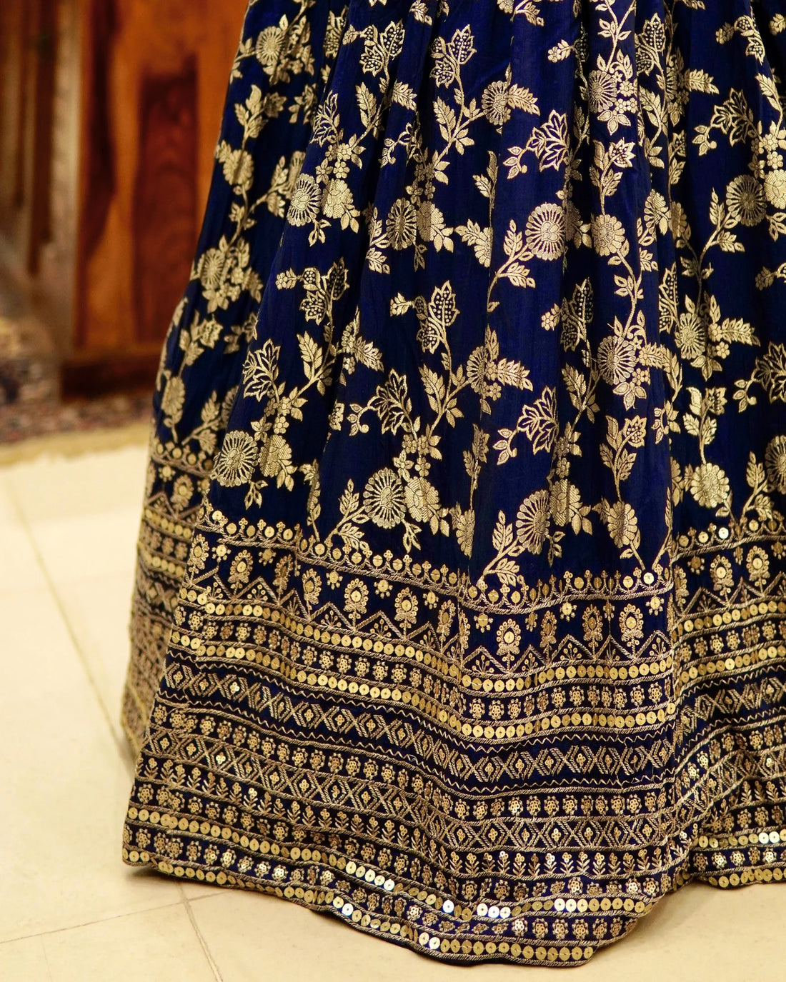 Navy Blue Brocade Sequin Pleated Lehenga Set - view 4
