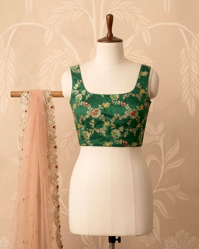 Dark Green Foil Print Square Neck Blouse - view 1