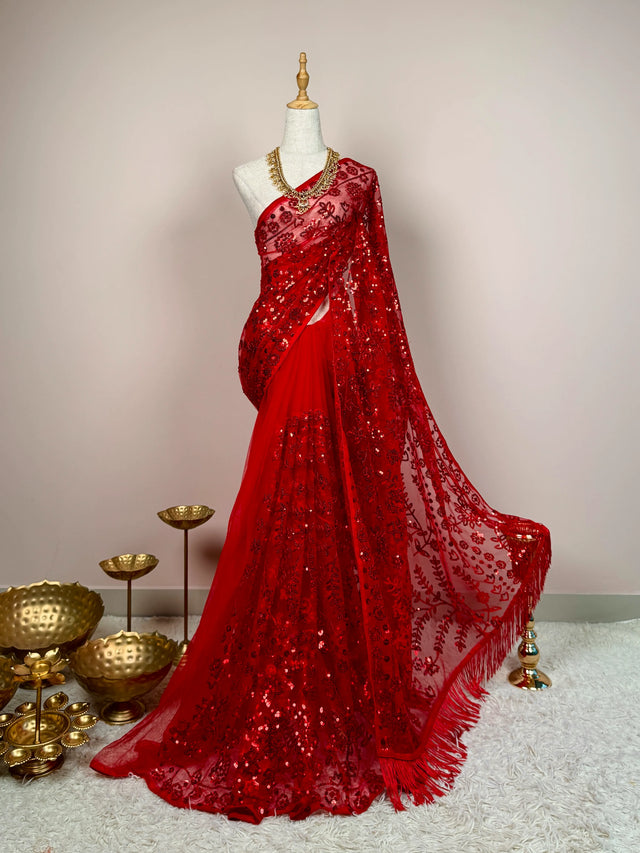Chilli Red Sequin Net North Saree - view 1