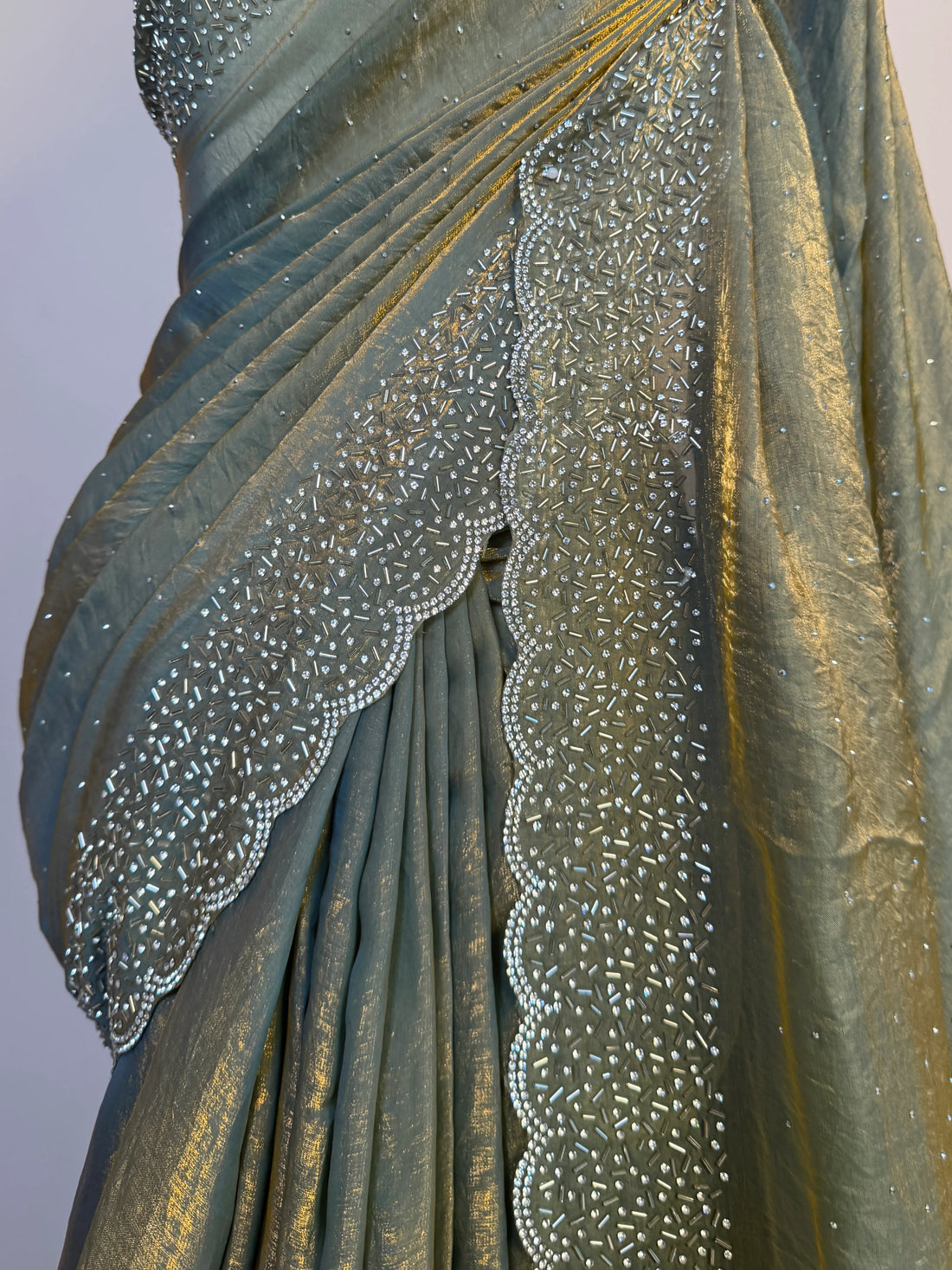Turquoise Silk Tissue Stonework North Saree - view 3