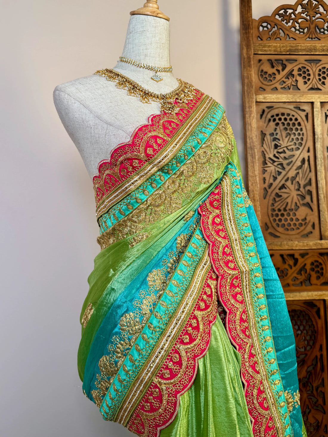 Turquoise Green Soft Silk Embroidered Saree - view 3