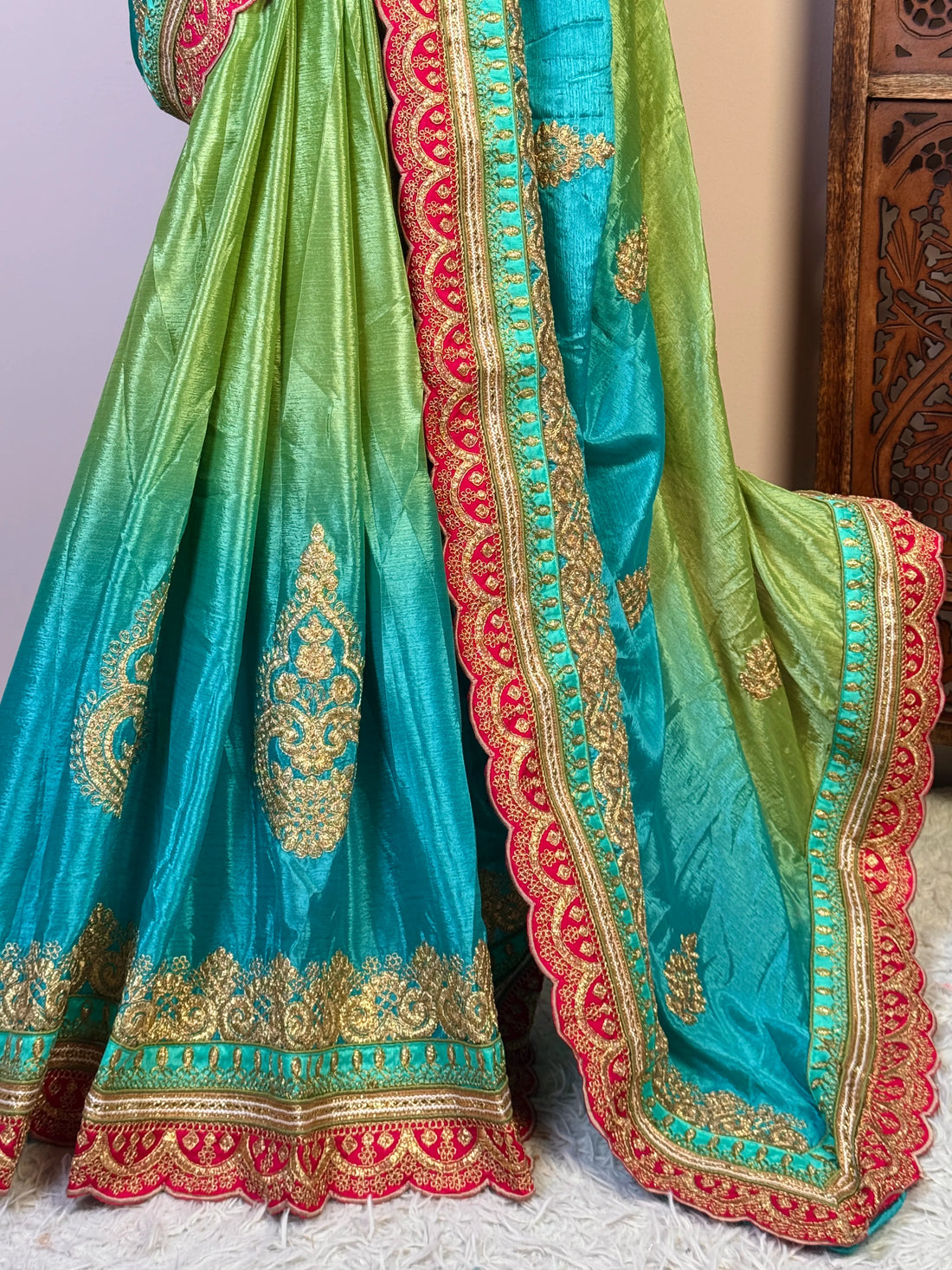 Turquoise Green Soft Silk Embroidered Saree - view 4