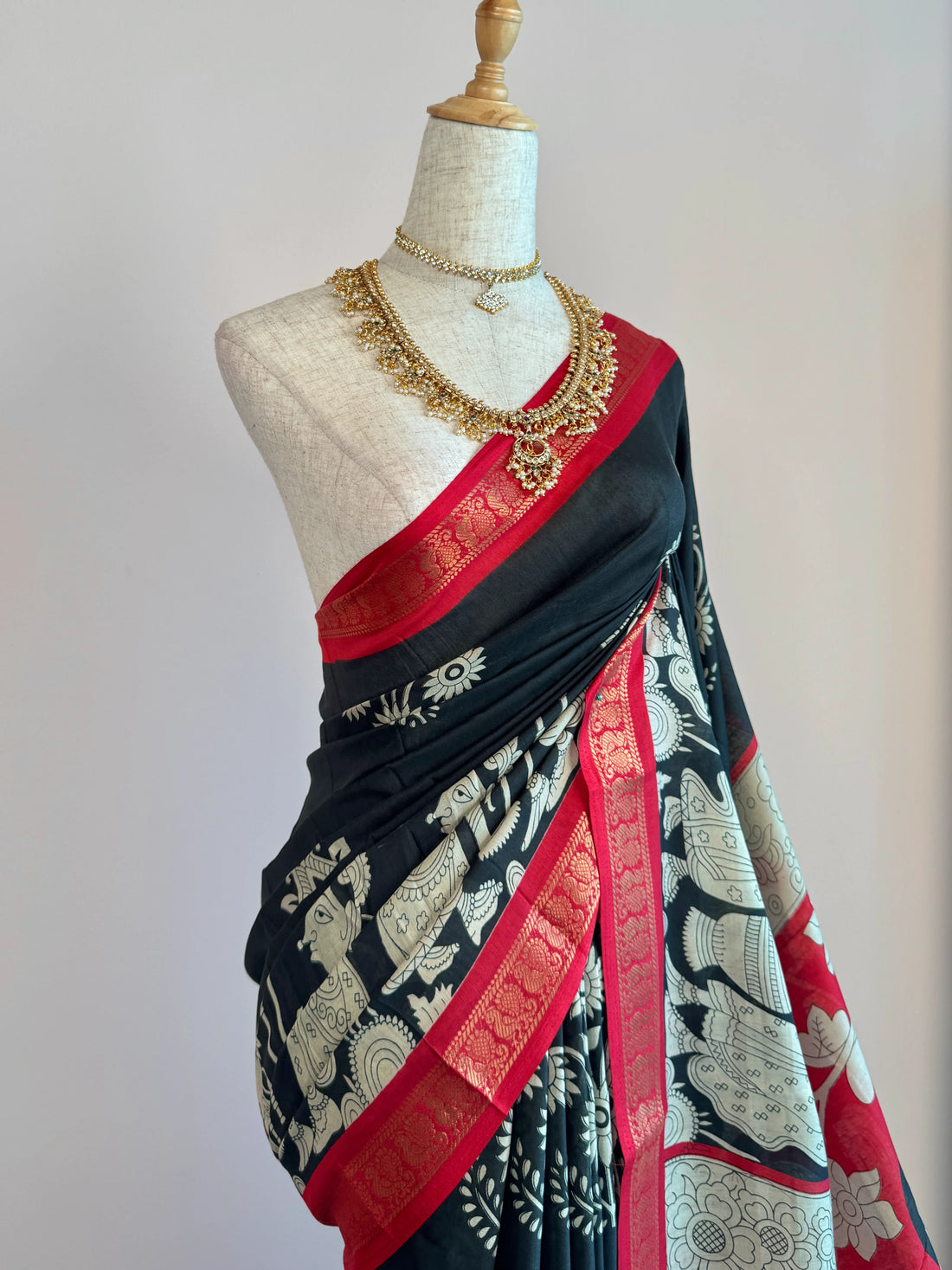Black Red Cotton Kalamkari North Saree - view 3