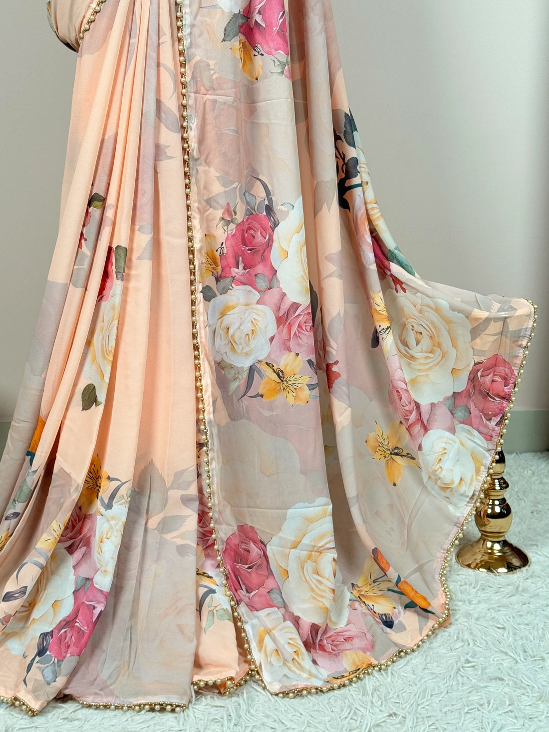 Peach Georgette Pearl Border North Saree - view 4