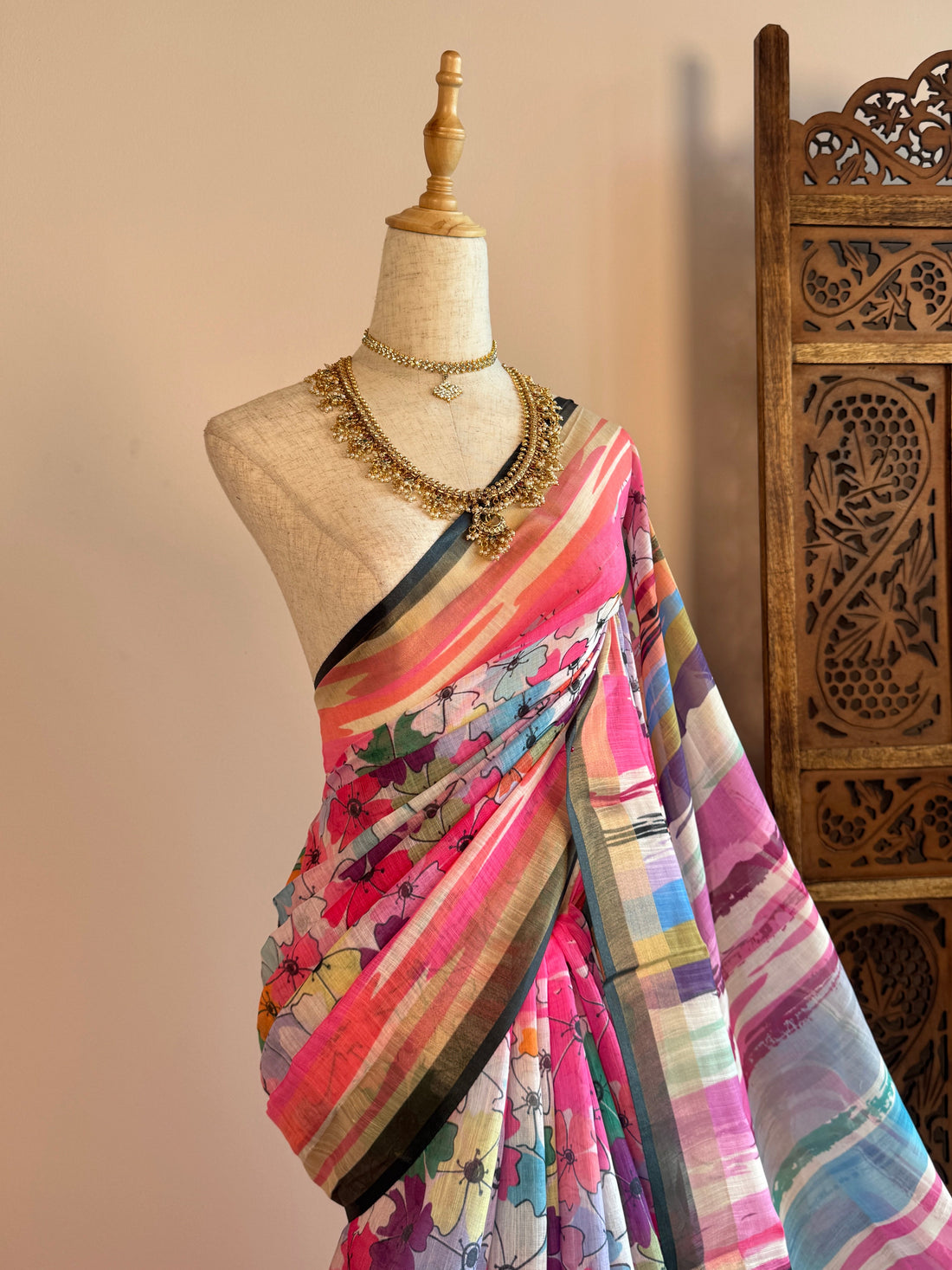 Pink Silk Cotton Floral Print North Saree - view 3