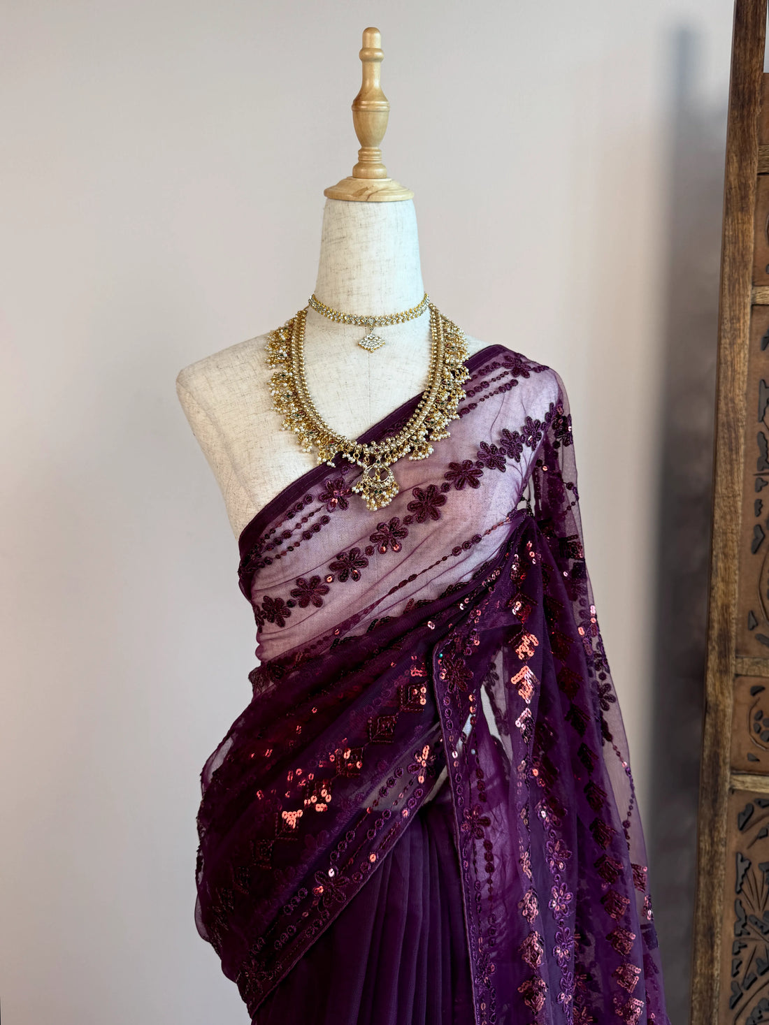 Purple Wine Sequin Net North Saree - view 2