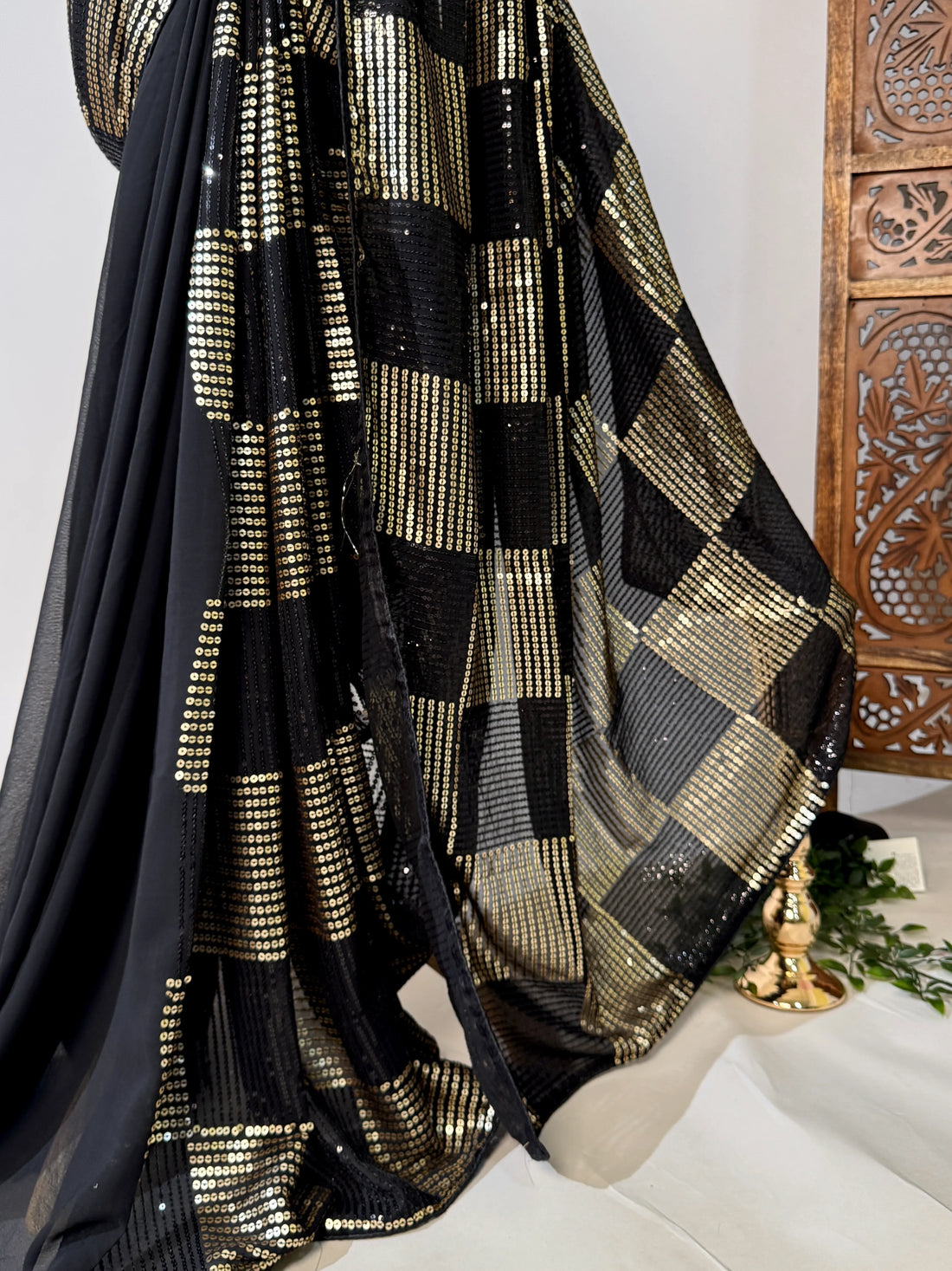 Black Gold Sequin Georgette North Saree - view 3