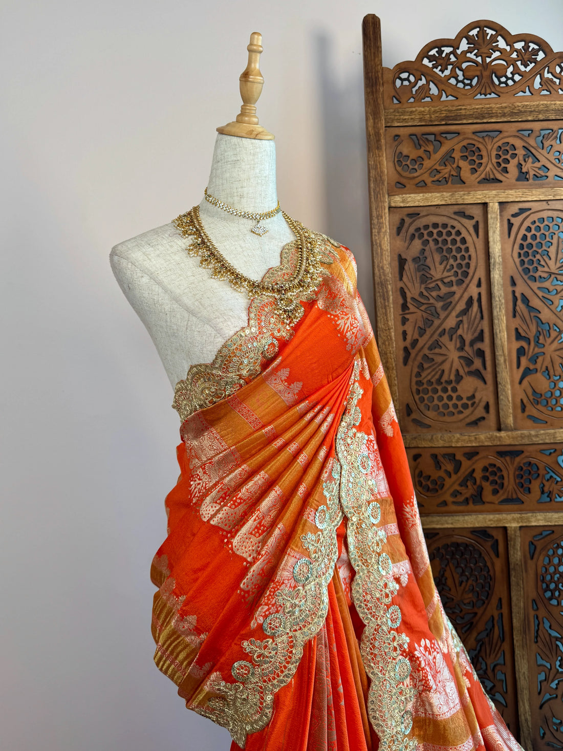 Rich Orange Silk Grand Border North Saree - view 3