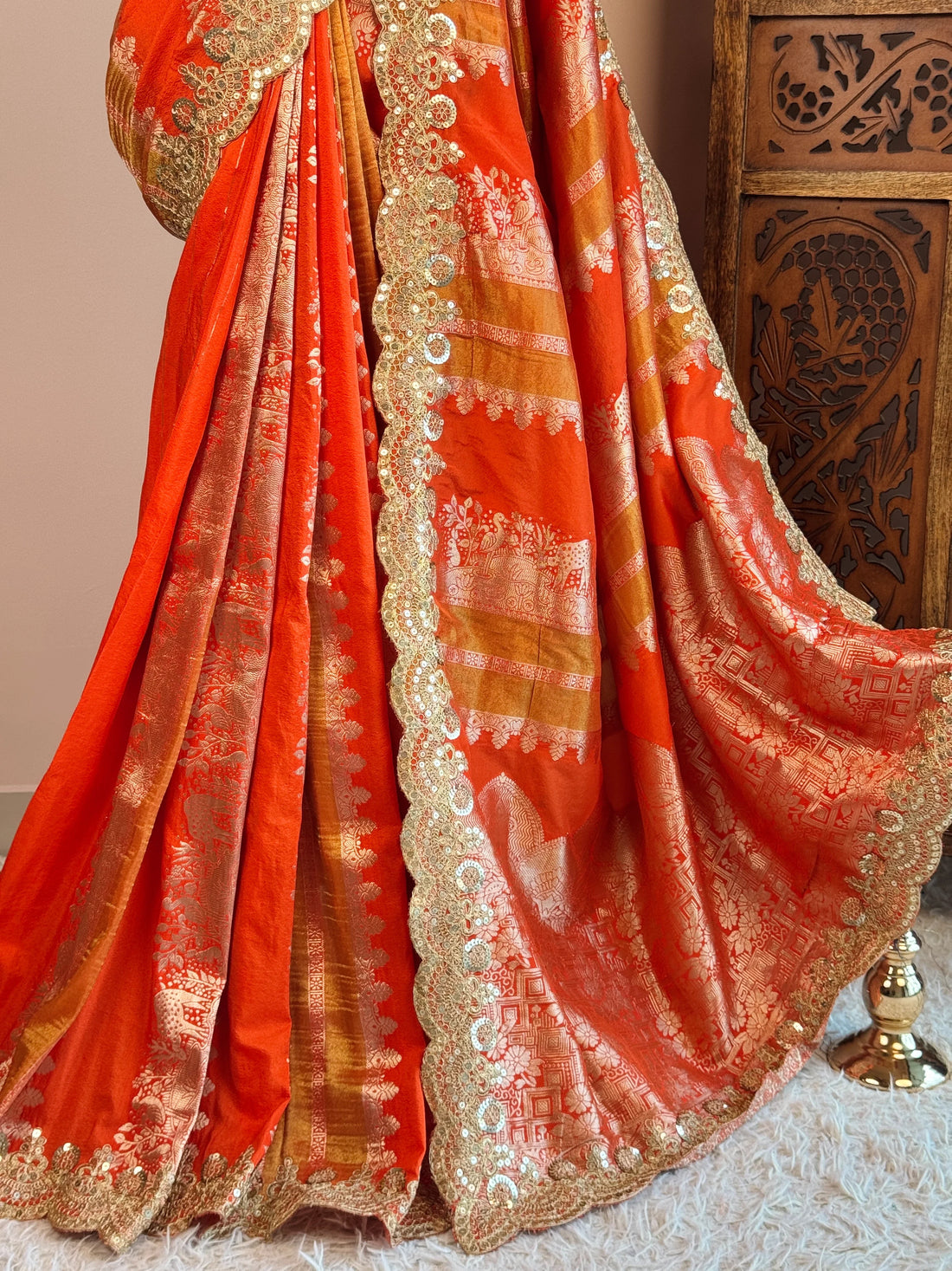 Rich Orange Silk Grand Border North Saree - view 4
