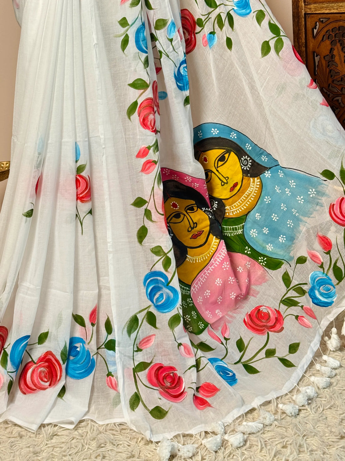 White Cotton Handpainted Bengal Saree - view 4