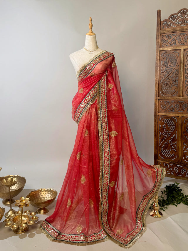 Peach Red Crushed Silk North Saree - view 1