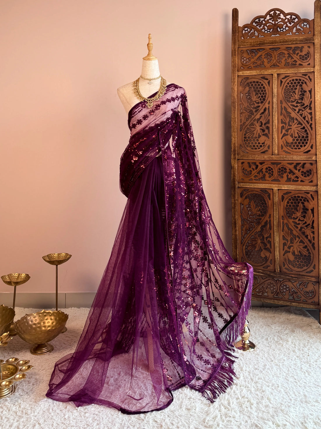Purple Wine Sequin Net North Saree - view 1