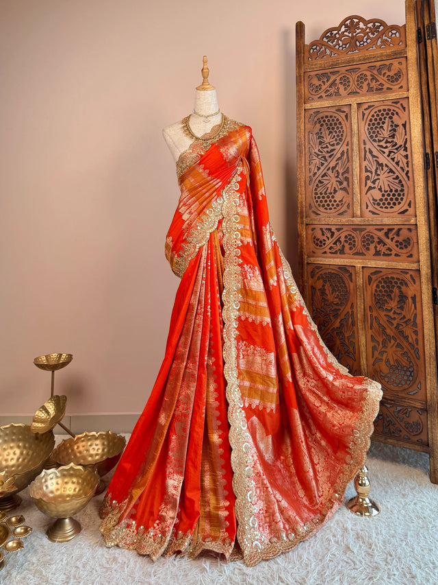Rich Orange Silk Grand Border North Saree - view 1
