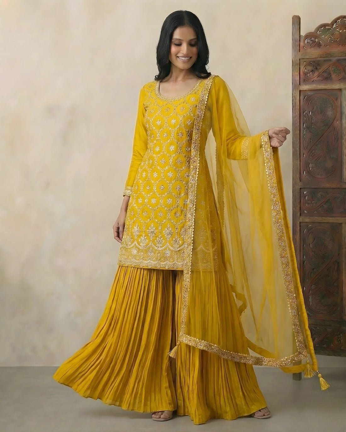 Mustard Chinnon Zari Kurti Sharara Set - view 1