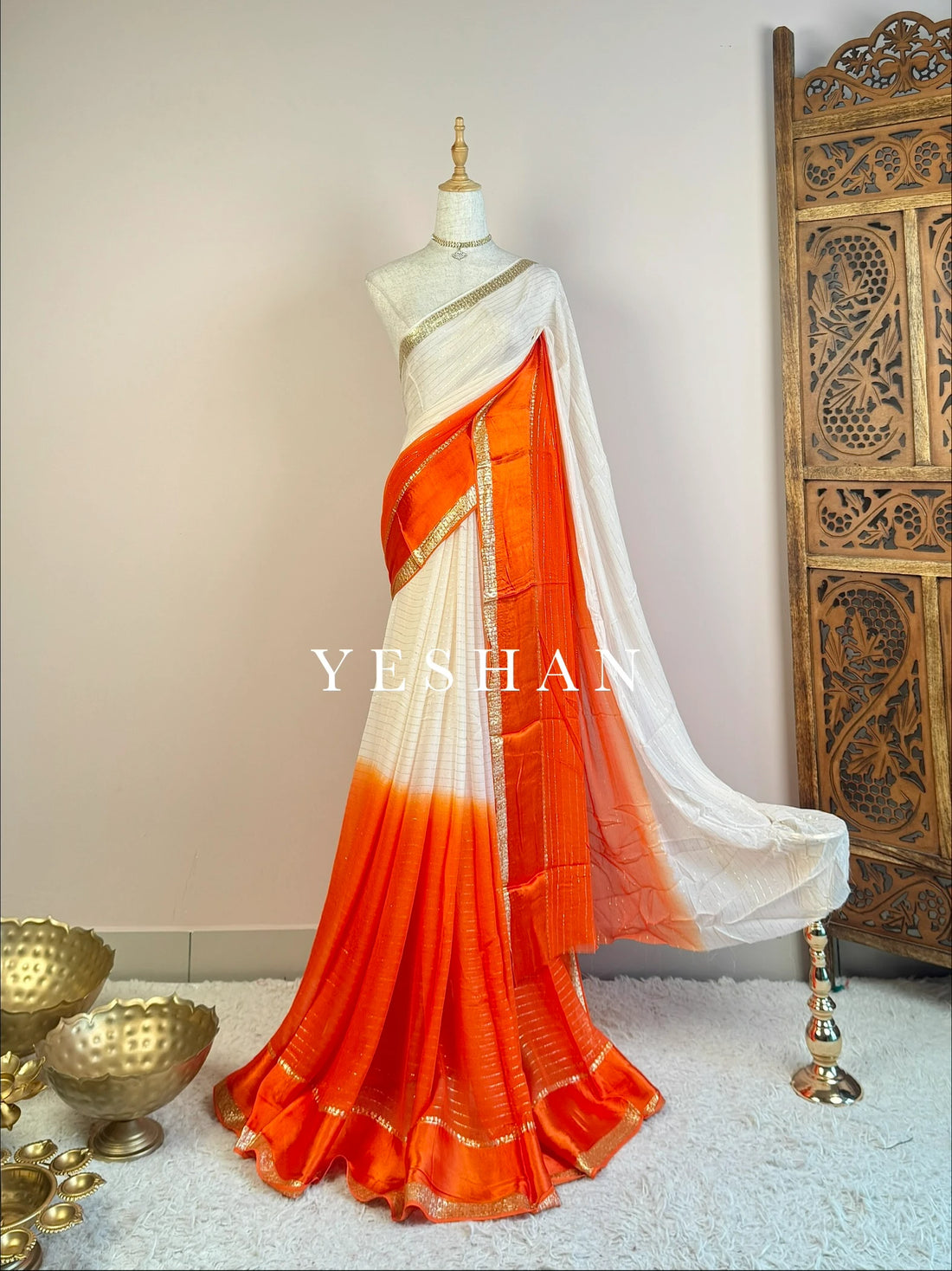 White Orange Chiffon Ombre North Saree - view 1