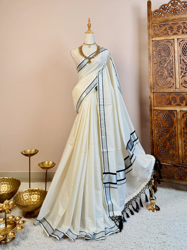 White Black Cotton Tassel South Saree - view 1