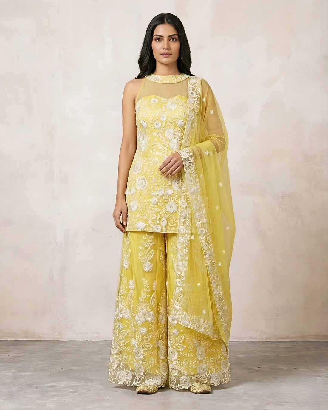 Yellow Sequin Halter Kurti Sharara Set - view 3