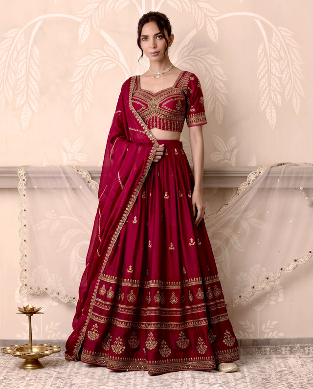 Wine Burgundy Silk Zari Lehenga Set - view 1