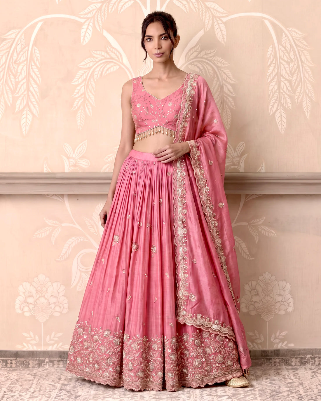 Baby Pink Tissue Silk Pearl Cutdana Lehenga Set - view 1