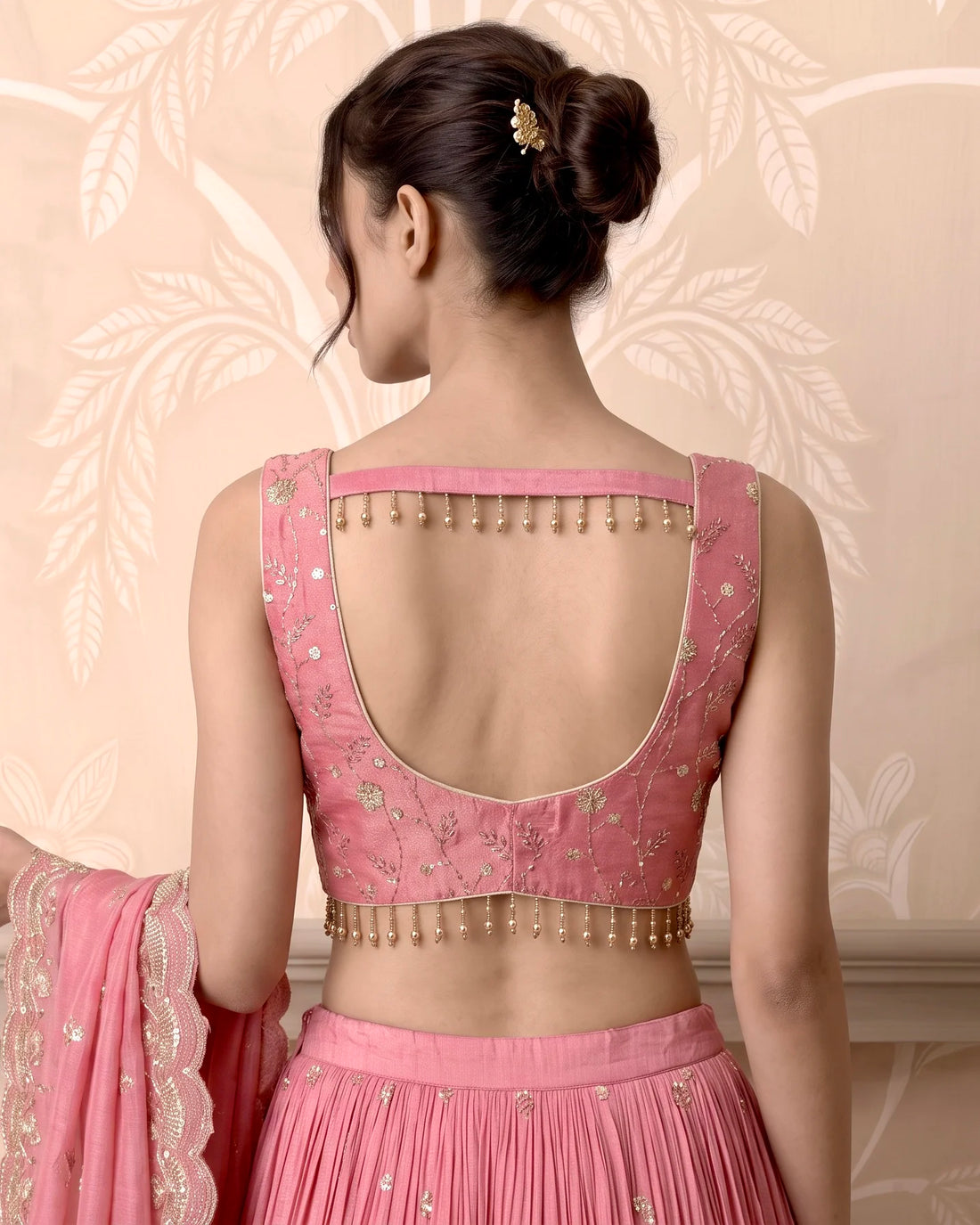 Baby Pink Tissue Silk Pearl Cutdana Lehenga Set - view 4