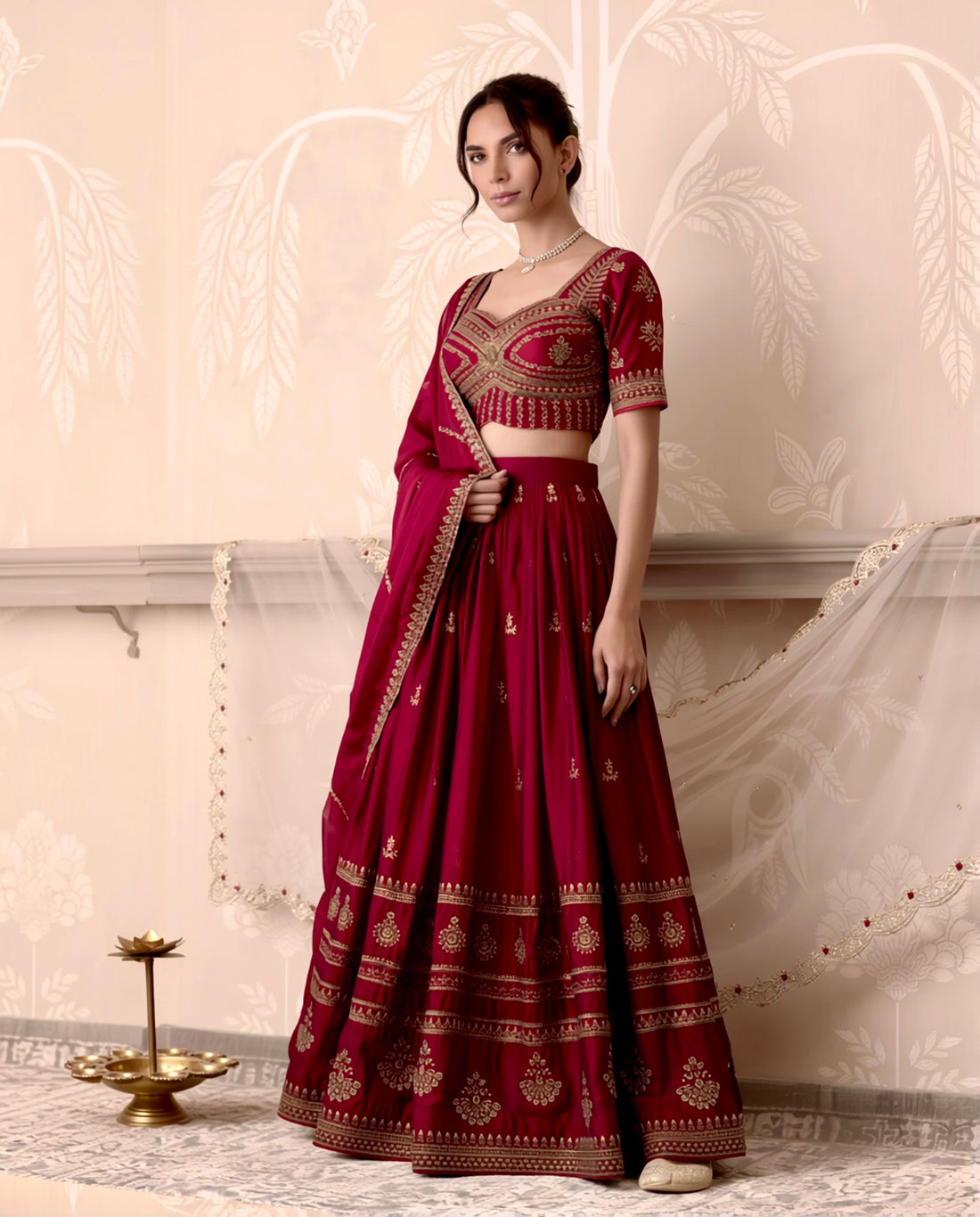 Wine Burgundy Silk Zari Lehenga Set - view 4