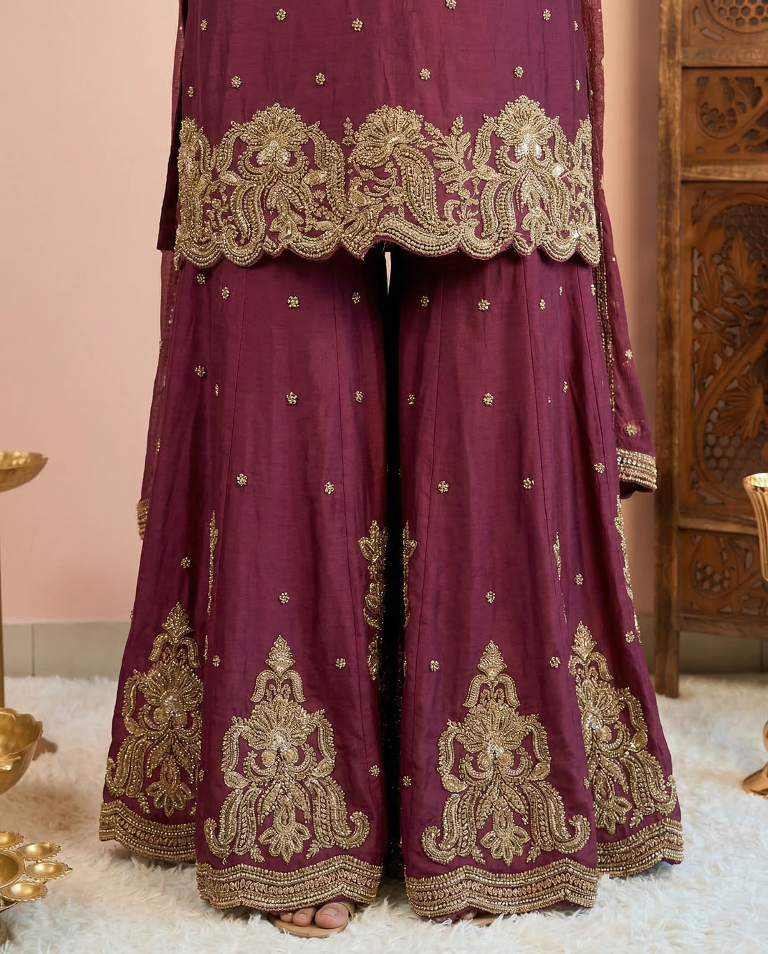 Wine Cutdana Chinnon Kurti Sharara Set - view 3