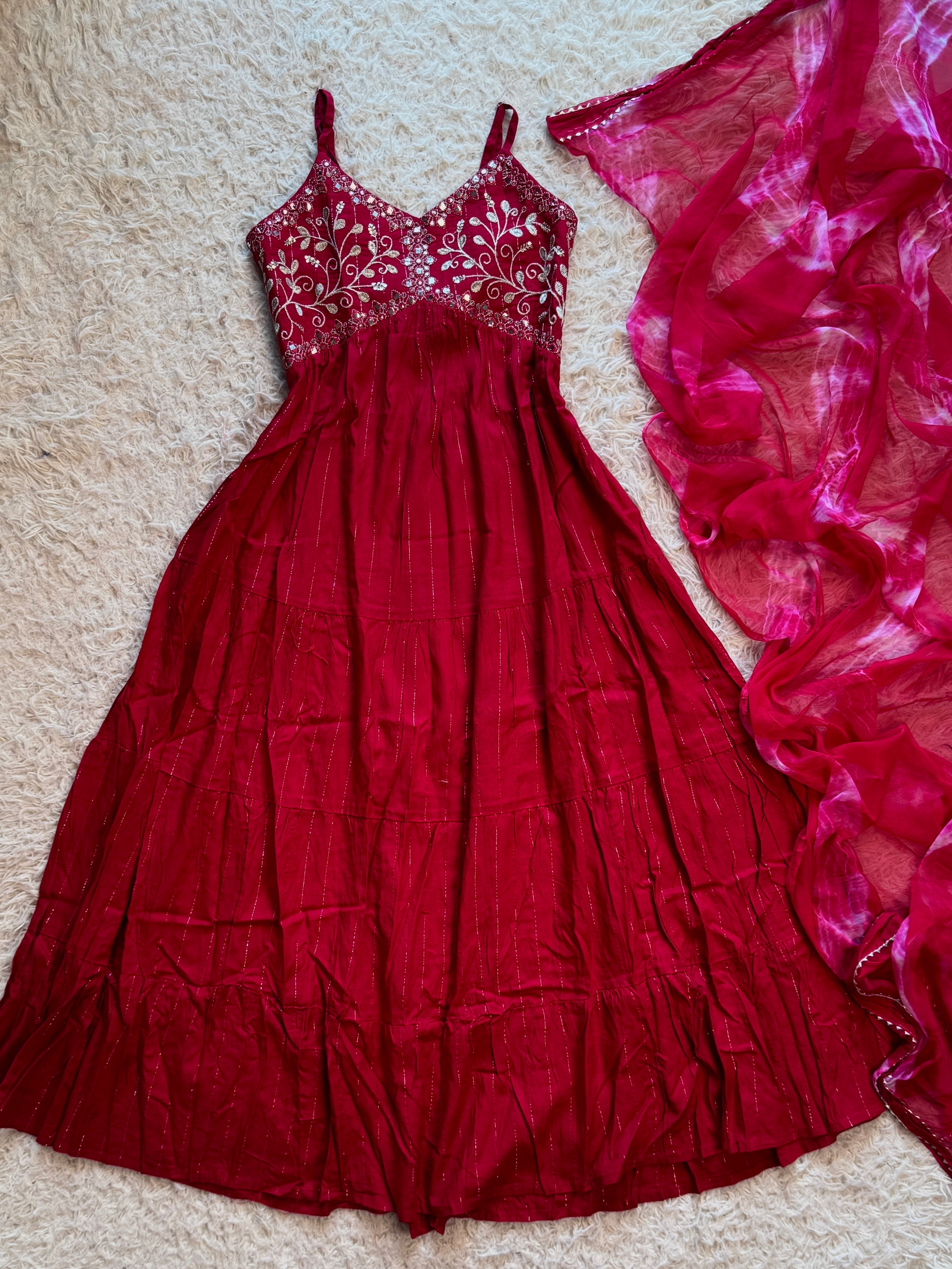 Rani-Pink Zari-Muslin Embroidered Flare-Anarkali-Kurti-Dupatta-Set