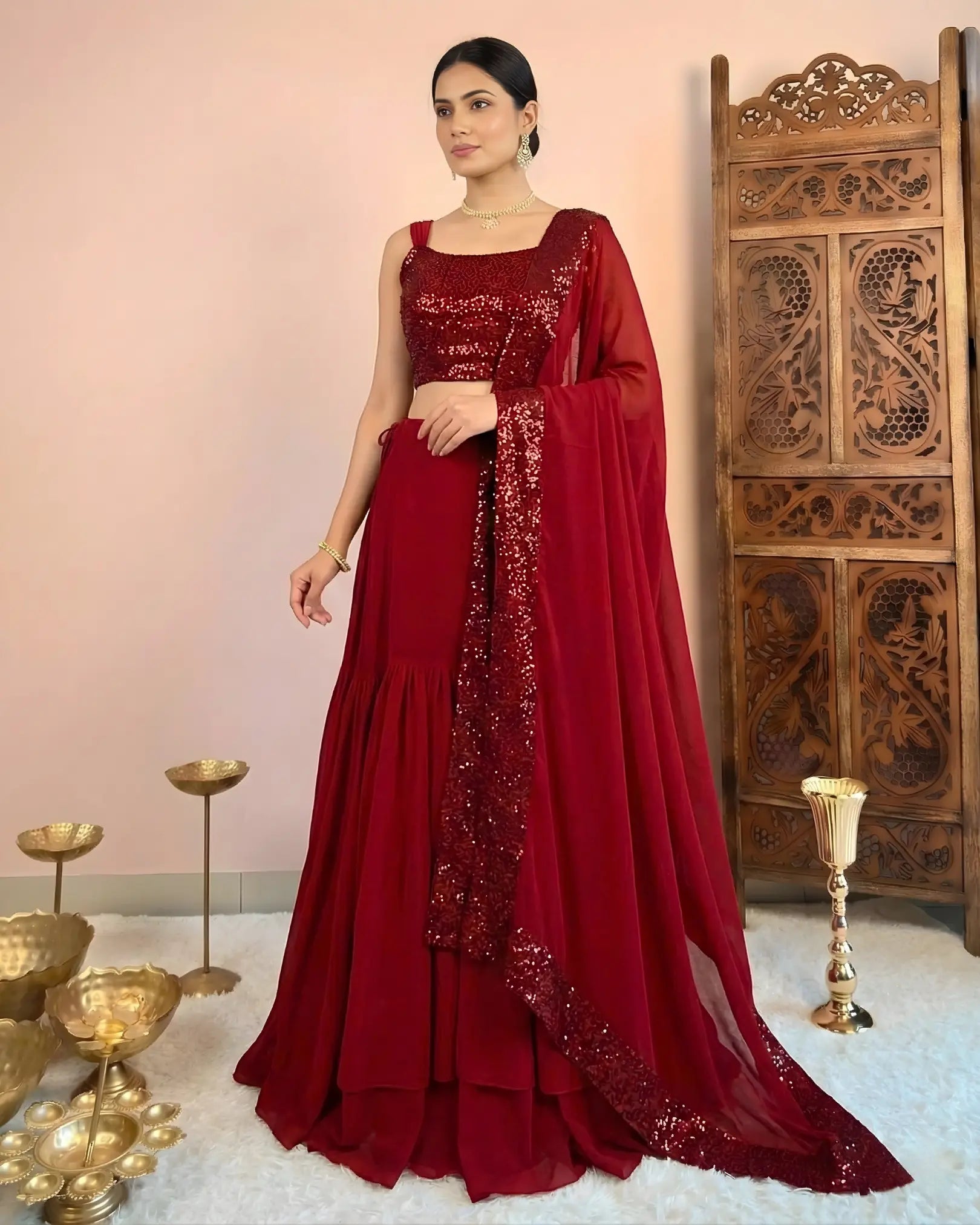 Maroon Georgette Sequin-Embroidery Double-Layer Lehenga, Blouse & Dupatta Set.